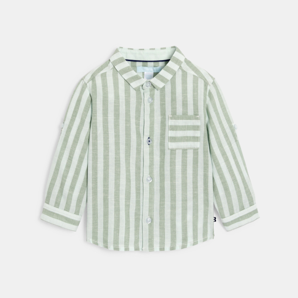 قميص من الكتان والقطن أخضر مخطط للطفل الرضيع بأكمام قابلة للثني